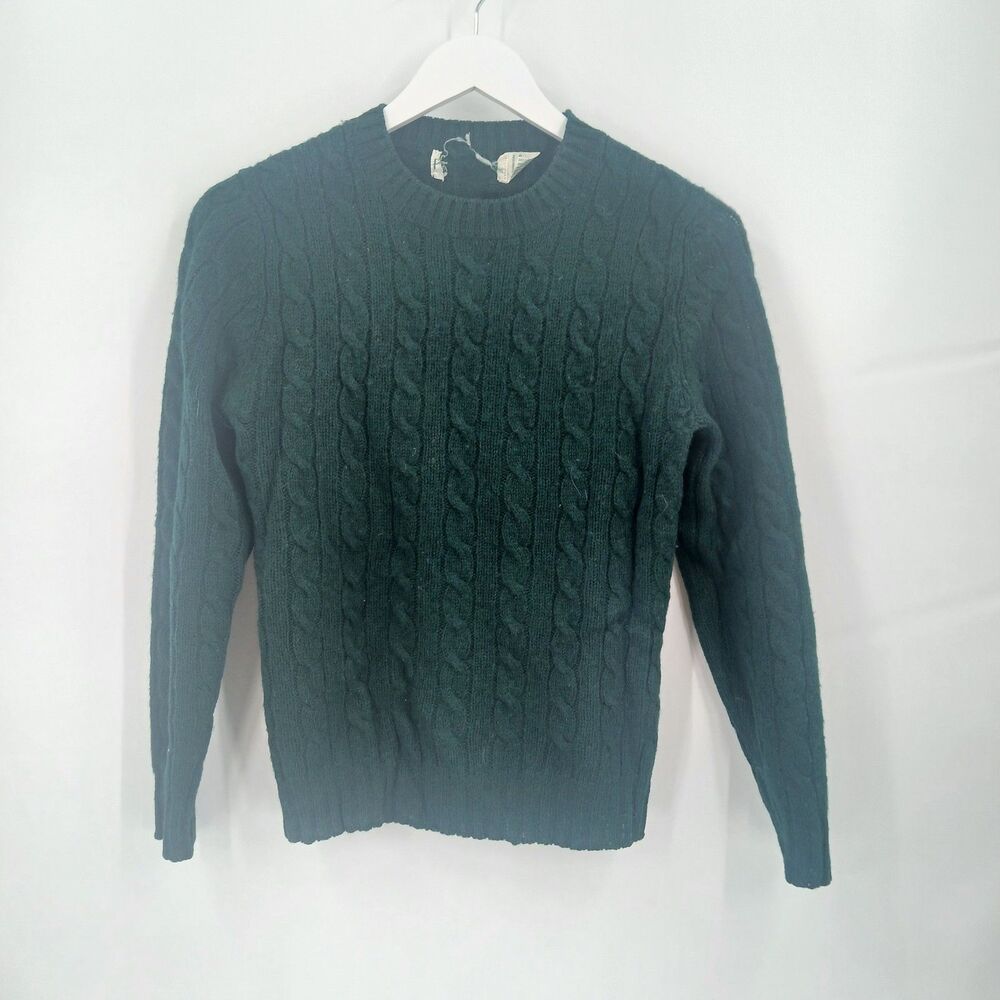 mens vintage size xs green cable knit sweater pullover crew neck 100% wool